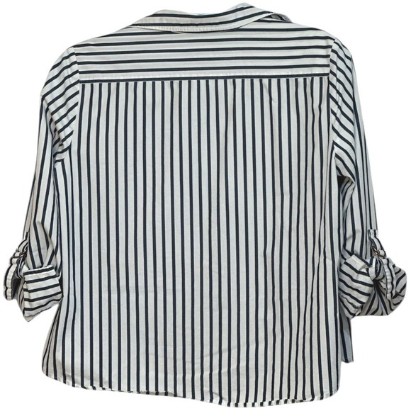 Chicos Shirt Womens Black White Stripe Roll Tab Sleeve Nautical Vacation 3/US XL - Picture 2 of 5